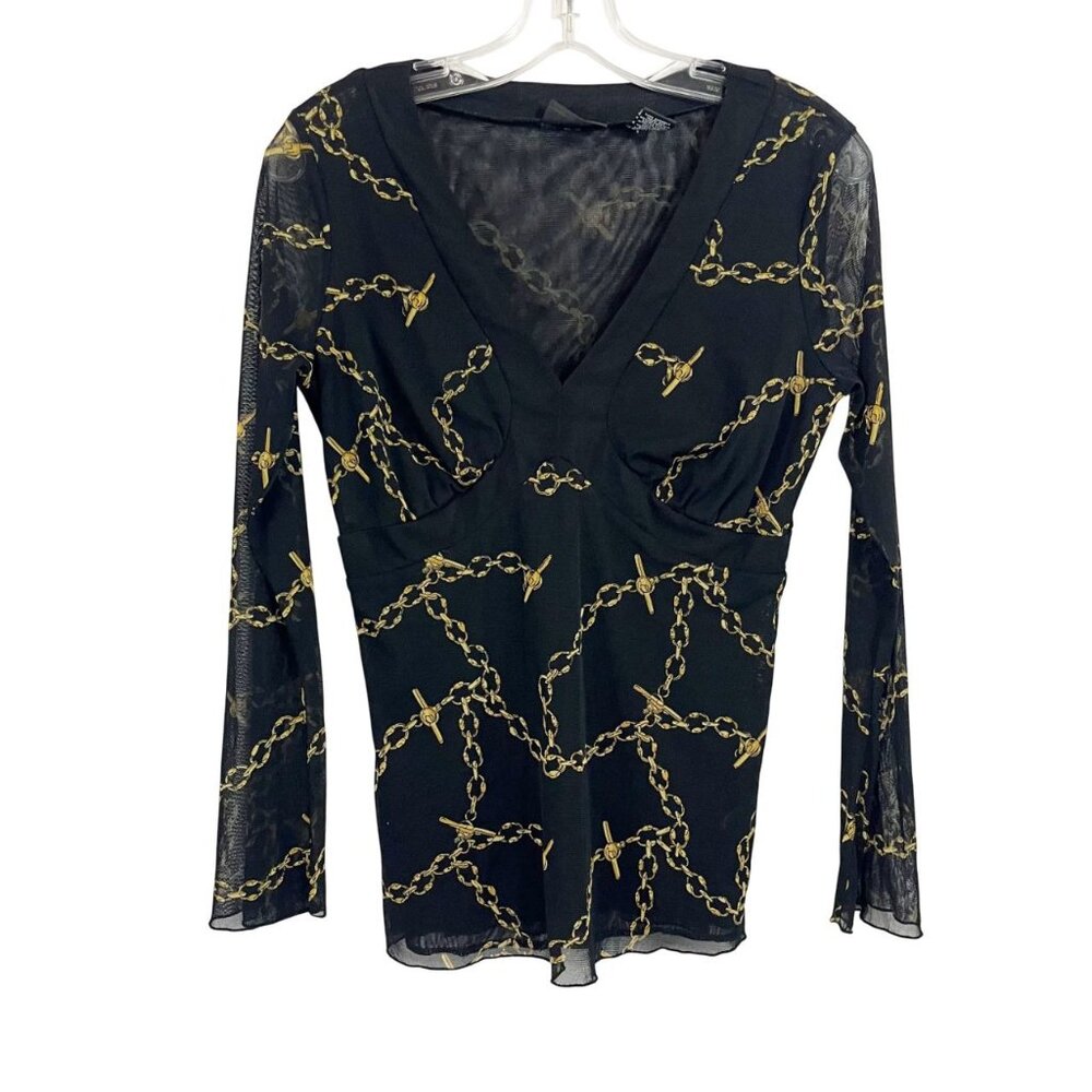 Vintage Y2K Black & Gold Chain Link Print Mesh Long Sleeve‎ V-Neck Top MEDIUM